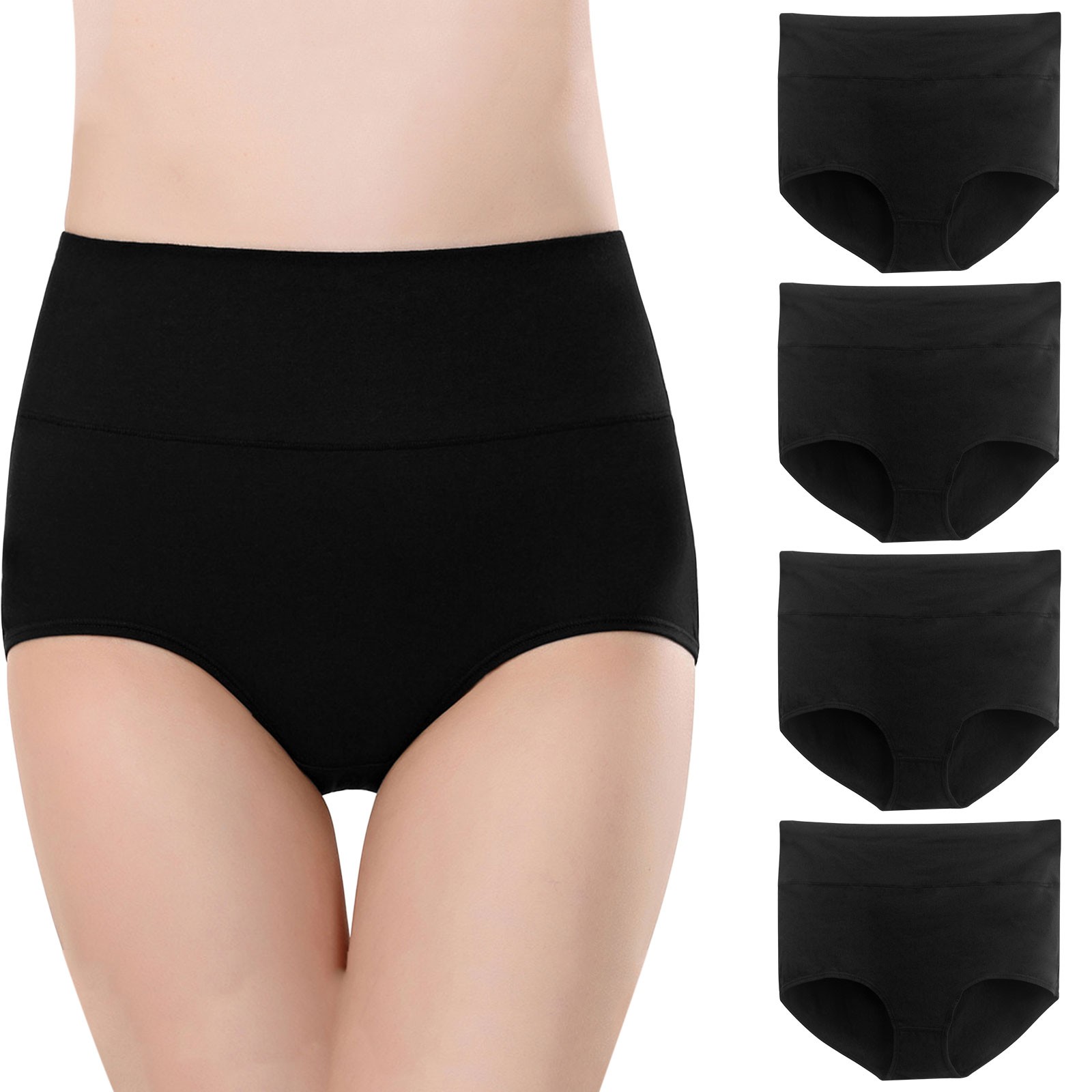 BOOMILK Underwear for Women High Waisted Cotton Stretch Briefs Soft Full Coverage Panties 4P Black